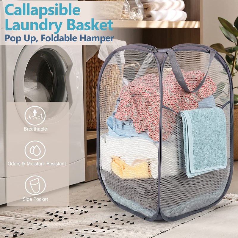 BATTOO Deluxe Strong Mesh Pop up Laundry Hamper Basket with Side Pocket for Laundry Room, Bathroom, Kids Room, College Dorm or Travel Grey - Image 5